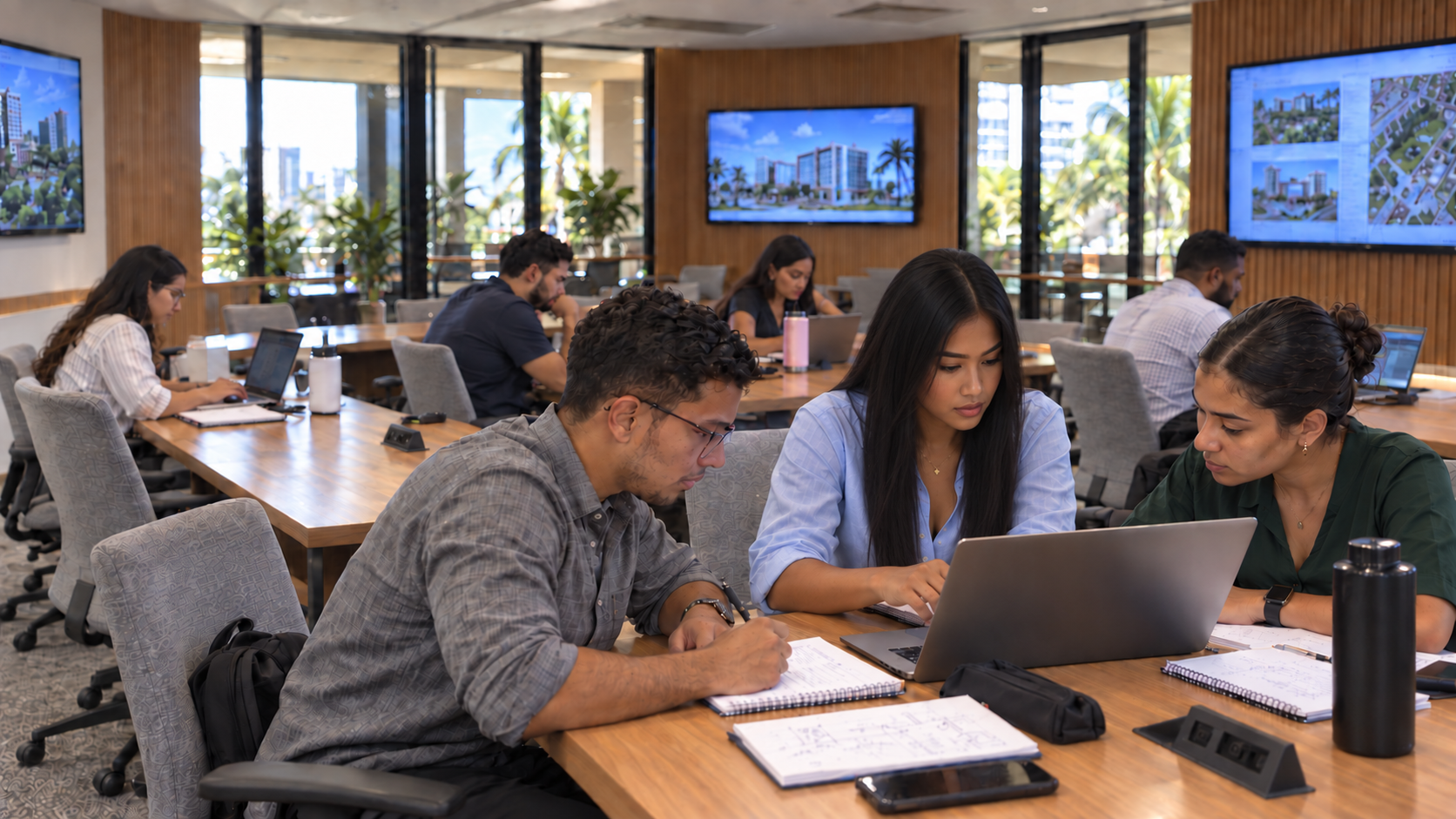 Estudiantes trabajando en una biblioteca